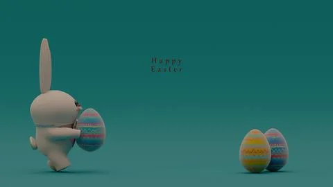 Easter Bunny Carries Egg with Two Additional Eggs on Teal Background Stock Illustration