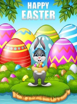 Easter bunny carrying easter eggs in the woods near the river Stock Illustration