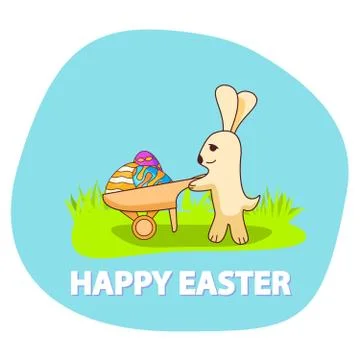 Easter bunny with a cart decorated eggs. Hare cartoon character. Stock Illustration