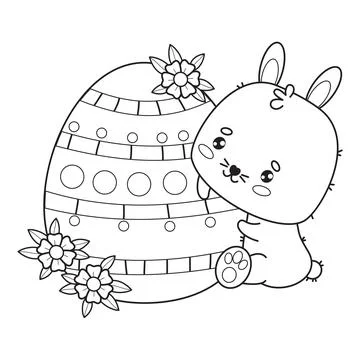 Easter bunny character with big paschal egg. Animal outline kawaii characte.. Stock Illustration