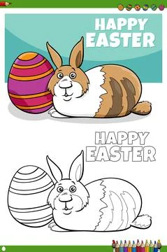 Easter bunny character with egg coloring book page Stock Illustration