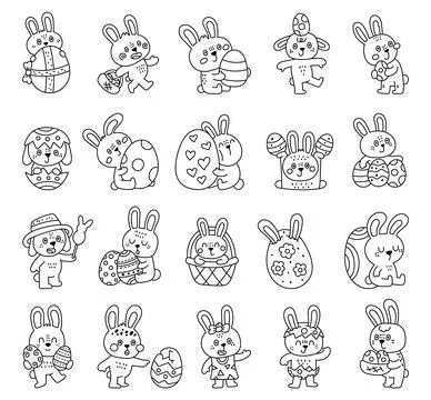 Easter bunny character set in outline line Stock Illustration