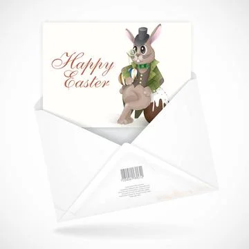 Easter Bunny With Chocolate Egg. Postal Envelopes With Greeting Card. East... 写真素材