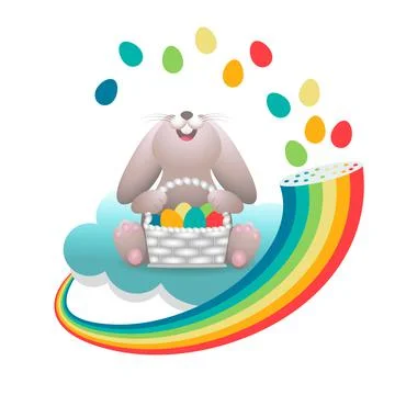 Easter Bunny on a Cloud Rejoices Falling Eggs From the Rainbow Illustrazione stock