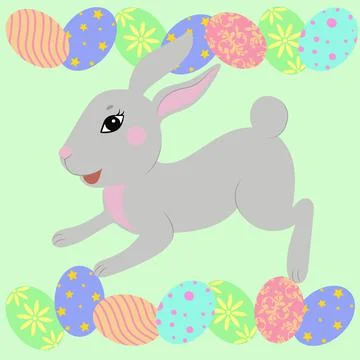 Easter bunny with colored eggs. Easter symphol. Vector. Cute gray pet. Stockillustratie