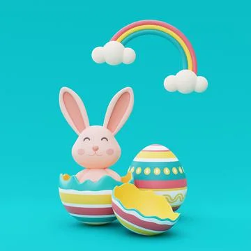Easter bunny with colorful easter eggs on blue background,happy easter holida Stock Illustration