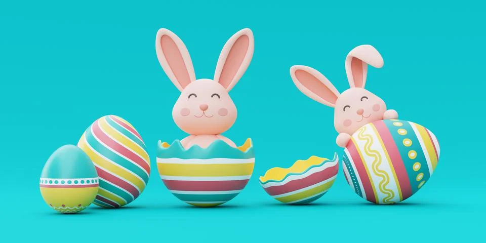 Easter bunny with colorful easter eggs on blue background,happy easter holida Stock Illustration