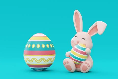 Easter bunny with colorful easter eggs on blue background,happy easter holida Stock Illustration