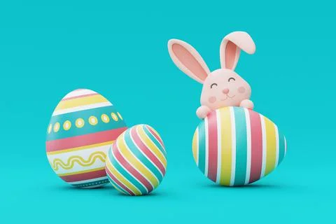 Easter bunny with colorful easter eggs on blue background,happy easter holida Stock Illustration