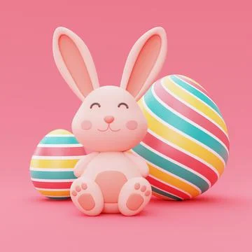 Easter bunny with colorful easter eggs isolated on pink background,happy east Stock Illustration