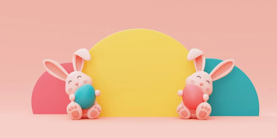 Easter bunny with colorful easter eggs,happy easter holiday concept.minimal s Stock Illustration