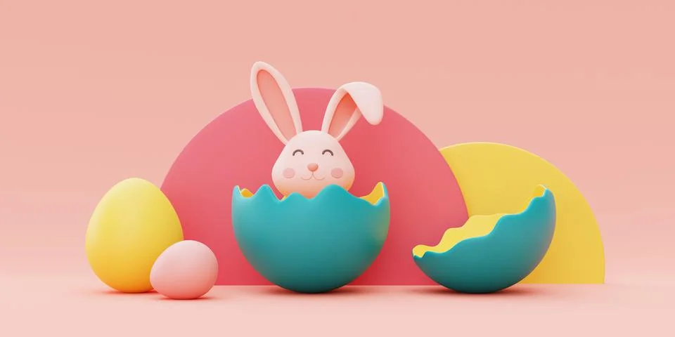 Easter bunny with colorful easter eggs,happy easter holiday concept.minimal s Stock Illustration