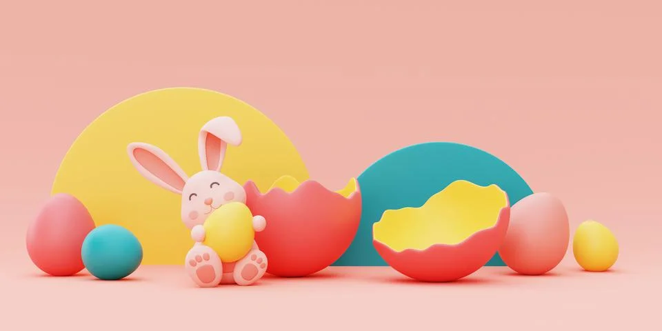 Easter bunny with colorful easter eggs,happy easter holiday concept.minimal s Stock Illustration