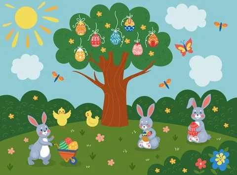 Easter bunny. Colorful eggs. Spring background. Meadow flowers. Cartoon rabbi Stock Illustration