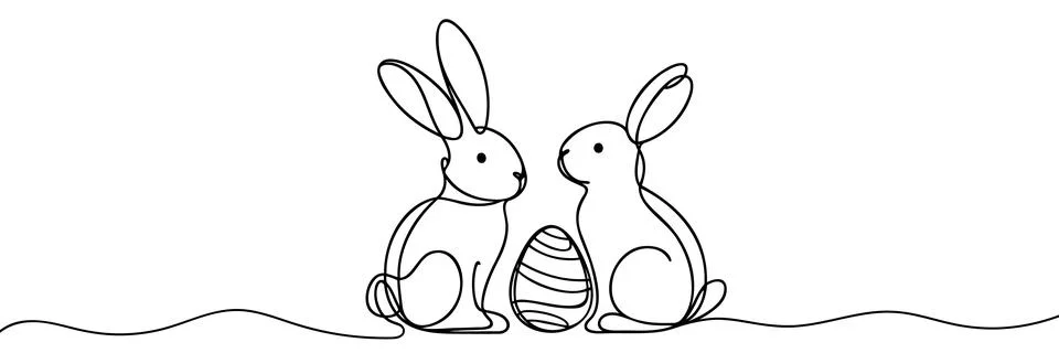 Easter Bunny continuous one line drawing. Easter border with eggs and cute .. Stock Illustration