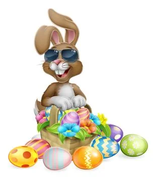 Easter Bunny Cool Rabbit Eggs Hunt Basket Cartoon Stock Illustration