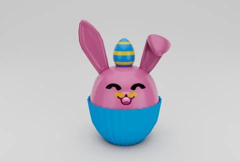 Easter Bunny Cupcake with egg minimal 3d illustration on white background. 스톡 일러스트