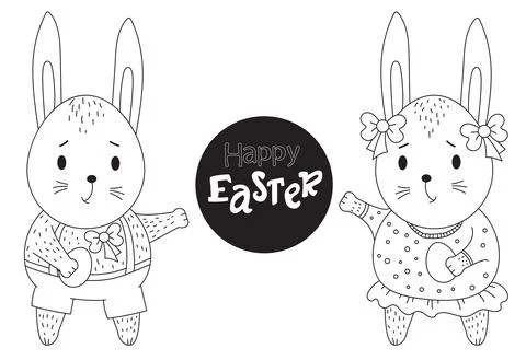 Easter Bunny. Cute pair of rabbits - a girl and a boy with an Easter egg in thei Ilustração Stock