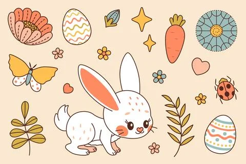 Easter bunny. Cute rabbit. Happy Easter Trendy colors flat style Vector set Stock Illustration