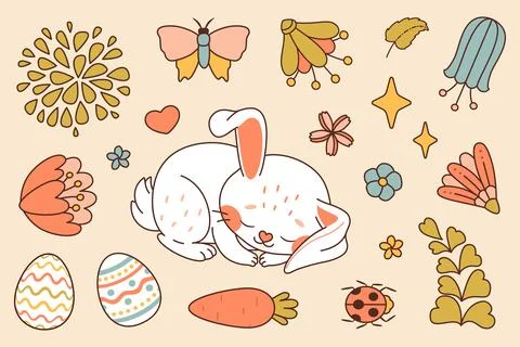 Easter bunny. Cute rabbit. Happy Easter Trendy colors flat style Vector set Stock Illustration