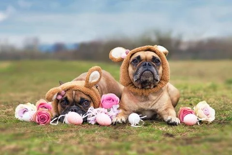 Easter bunny dogs showing pair of French Bulldogs dressed up with rabbit ear Stock Photos