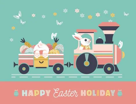 Easter bunny drive train with Easter eggs poster Stock Illustration