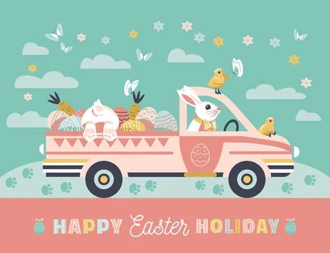 Easter bunny drive truck with Easter eggs poster Stock Illustration
