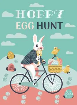 Easter Bunny driving eggs for Egg Hunt game poster Stock Illustration
