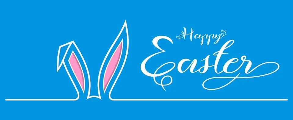 Easter Bunny Ear vector with Happy Easter greeting. Blue Background. Stock Illustration