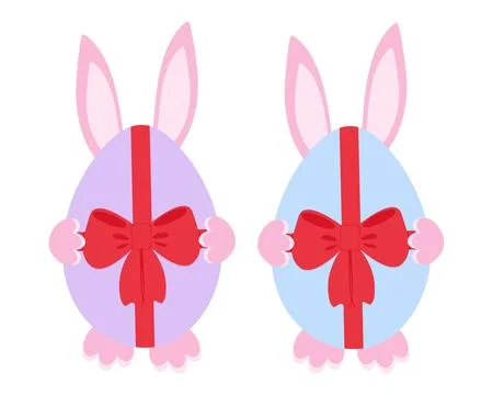Easter Bunny Ears and paws behind colorful eggs with red tied bow Easter Illustrazione stock