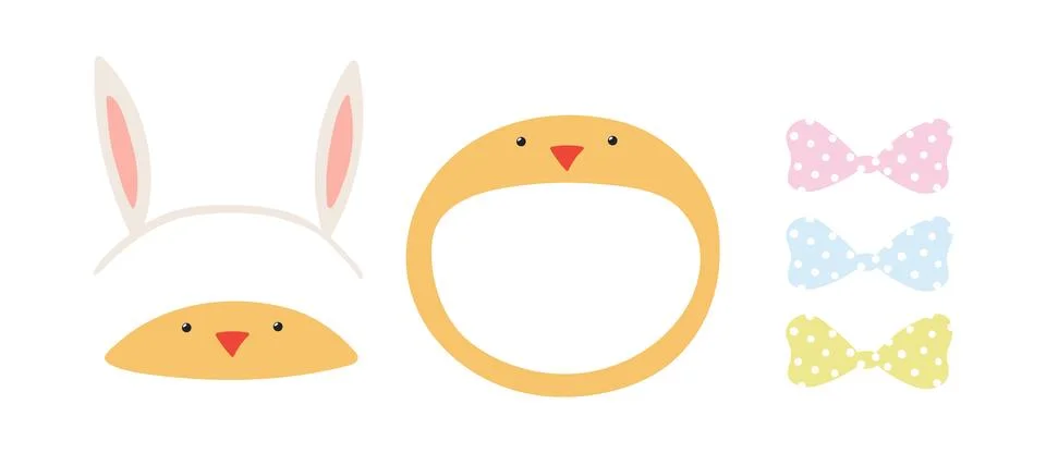 Easter bunny ears, chick hat, pastel bow isolated illustration set Stock Illustration