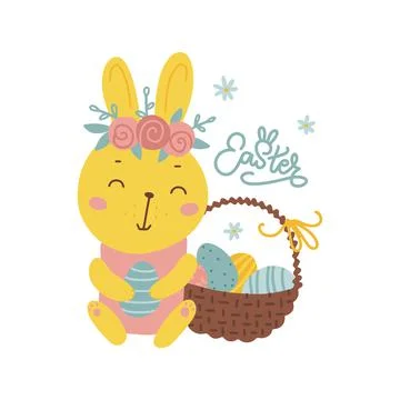 Easter Bunny with Easter Basket. Cute rabbit character with a flower wreath on Stock Illustration