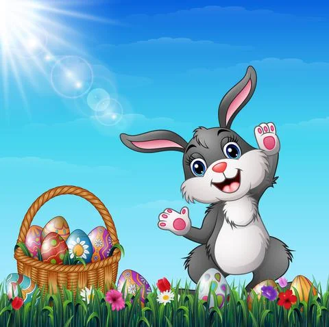Easter bunny with Easter basket full of decorated Easter eggs Stock Illustration