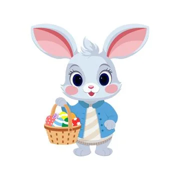 Easter bunny with an Easter basket full of decorated Easter eggs 스톡 일러스트