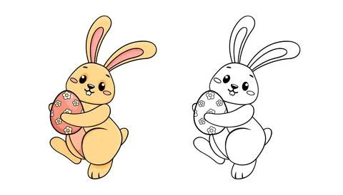 Easter Bunny with Easter egg. Illustration for coloring book Stock Illustration