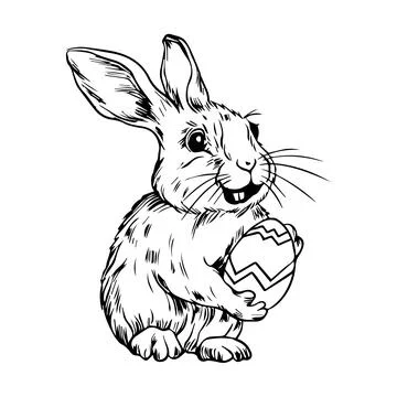Easter bunny with easter egg in paws. Line art rabbit. Easter sign, symbol Stock Illustration