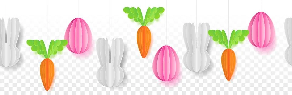 Easter bunny with easter eggs and carrots paper cut out seamless pattern banner Illustrazione stock