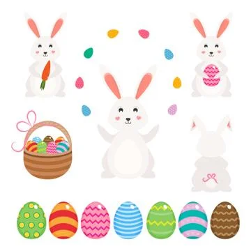 Easter bunny with Easter eggs, different bunnies and eggs. Vector Illustratio Stockillustratie