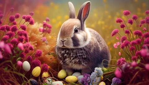 Easter bunny with easter eggs in a field of flowers Illustrazione stock