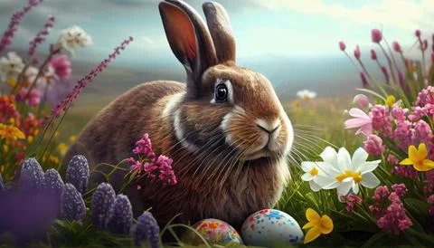 Easter bunny with easter eggs in a field of flowers Illustrazione stock