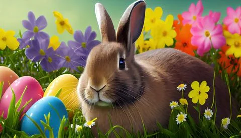 Easter bunny with easter eggs in a field of flowers 스톡 일러스트