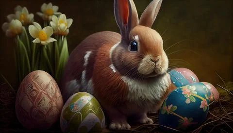 Easter bunny with easter eggs in a field of flowers Illustrazione stock