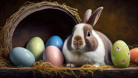 Easter bunny with easter eggs in a field of flowers Stock Illustration