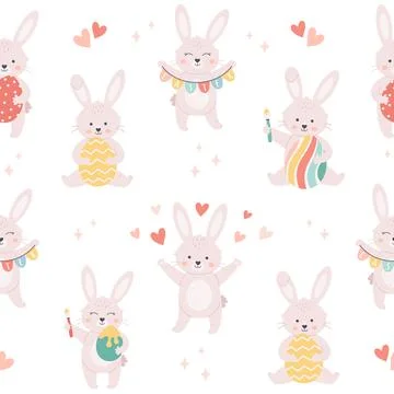 Easter bunny with Easter eggs seamless pattern. White rabbit. Happy Easter. Stock-Illustration