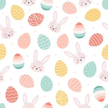 Easter bunny with Easter eggs seamless pattern. White rabbit, painted eggs. Иллюстрация