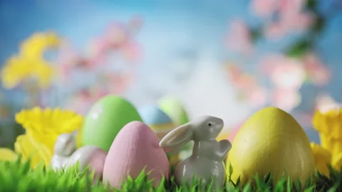 Easter Bunny with Easter Eggs, Spring Flowers, Green Grass Stock Footage 168475777