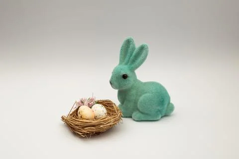 Easter Bunny by the Easter Eggs on a white background Stock Photos