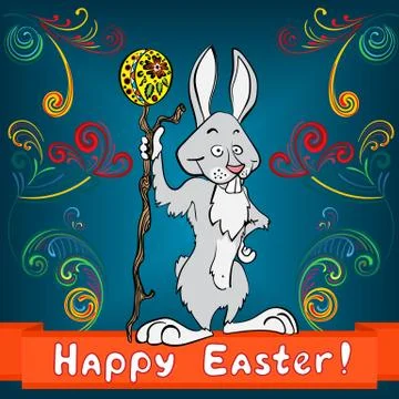 Easter bunny with egg and cane Stock Illustration