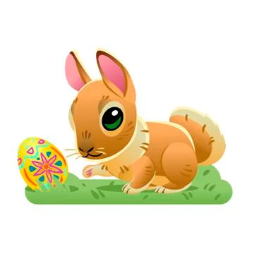 Easter bunny with the egg on the grass. Vector cartoon illustration isolated Stock Illustration
