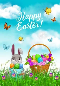 Easter bunny with egg hunt basket in spring grass Stock Illustration